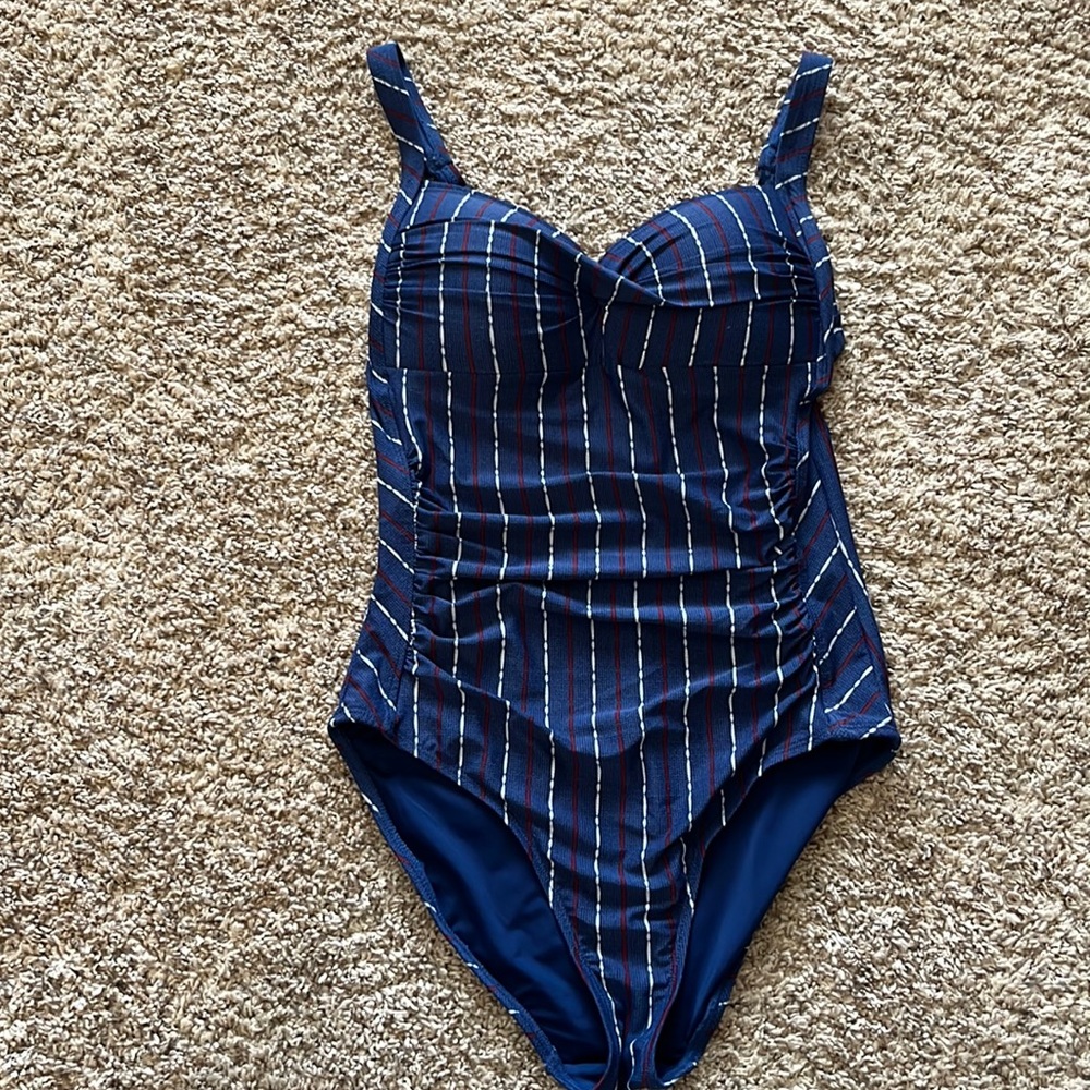 NWOT Nip Tuck, navy and white/red striped, one piece, swim suit